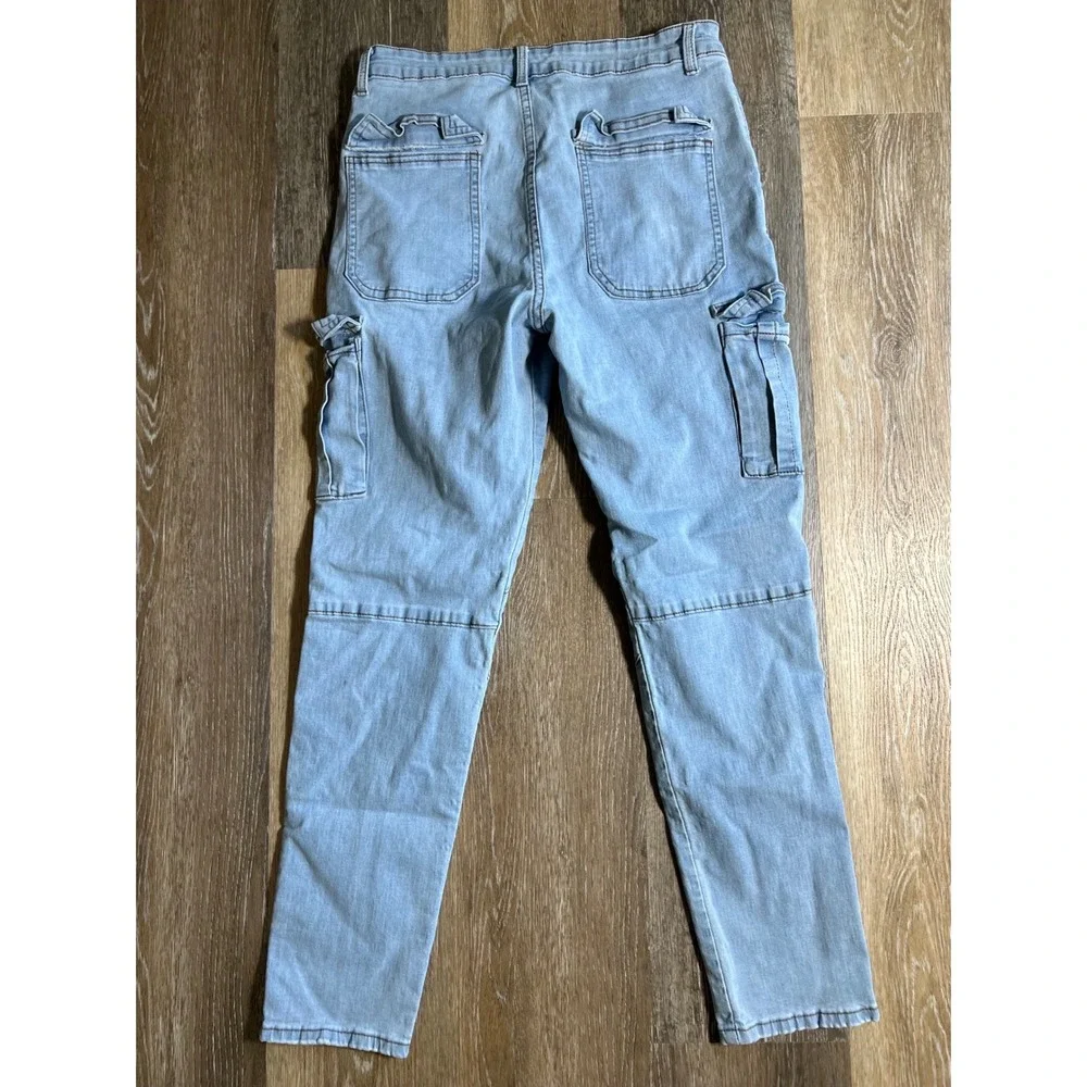 Romwe Cargo Jeans Womens 32 Light Blue Good Slim Tapered Multi Pocket Denim